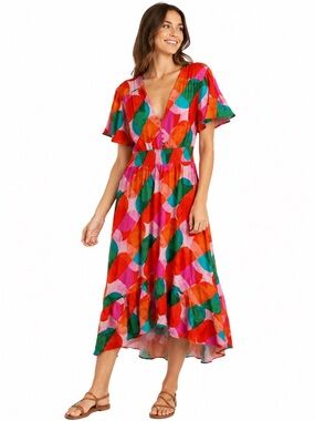 Abel the Label Abstract Colorblock Wrap Midi Dress High Low Flutter Sleeve Large